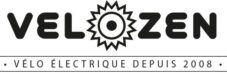 il est écrit "velozen en grande lettre avec le "o" au centre du mot en forme de roue, juste en dessous une bande est écrite "vélo électrique depuis 2008" c'est un logo qui fait réference a la tranquilité du vélo et de Laval